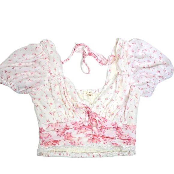 Vintage Y2K 90s Prairie Cottagecore Pink Wihte Floral Smocked Cropped Top - Picture 1 of 11